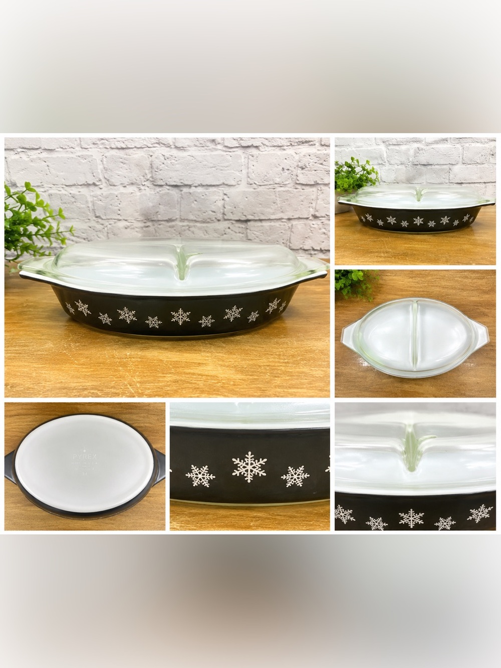 Vintage Pyrex Snowflake Divided Casserole Dish with Lid Black/White Mid Century